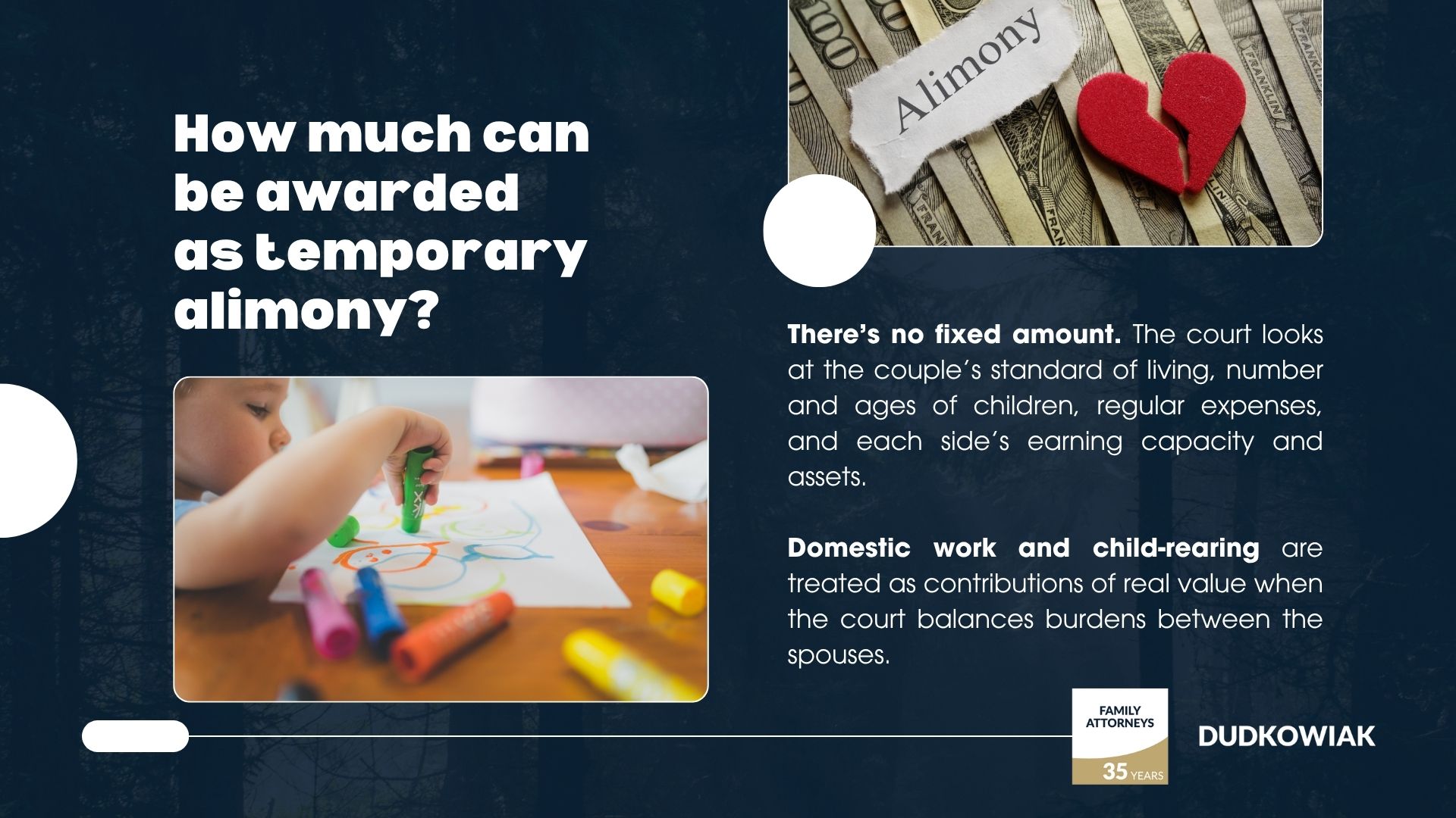 How much can be awarded as temporary alimony? There’s no fixed amount. The court looks at the couple’s standard of living, number and ages of children, regular expenses, and each side’s earning capacity and assets.