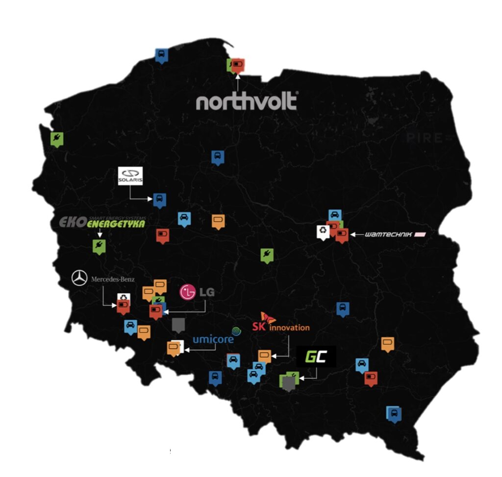 Map of electric car related investments in Poland. Investments in car manufacturing, batteries, batteries components, charging stations and others