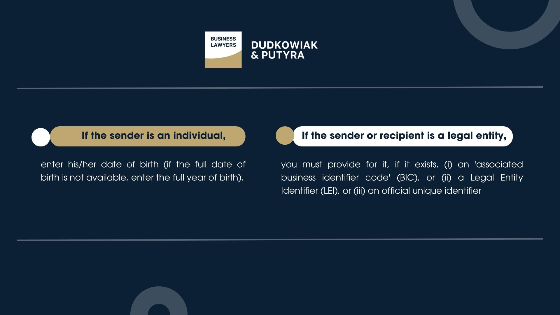 If the sender is an individual, enter his/her date of birth (if the full date of birth is not available, enter the full year of birth). If the sender or recipient is a legal entity, you must provide for it, if it exists, (i) an 'associated business identifier code' (BIC), or (ii) a Legal Entity Identifier (LEI), or (iii) an official unique identifier.