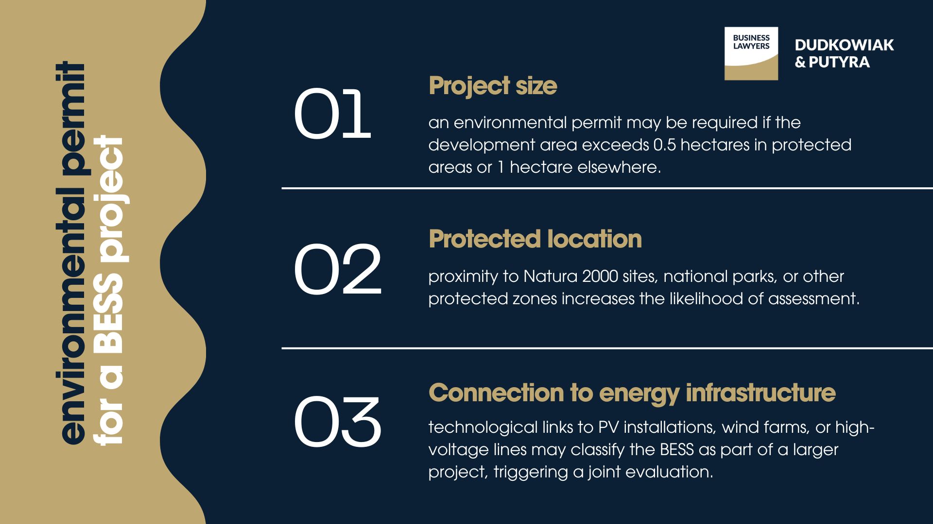 Not all BESS projects require an environmental decision (DUŚ), but certain factors may trigger this obligation: project size, protected location, connection to energy infrastructure