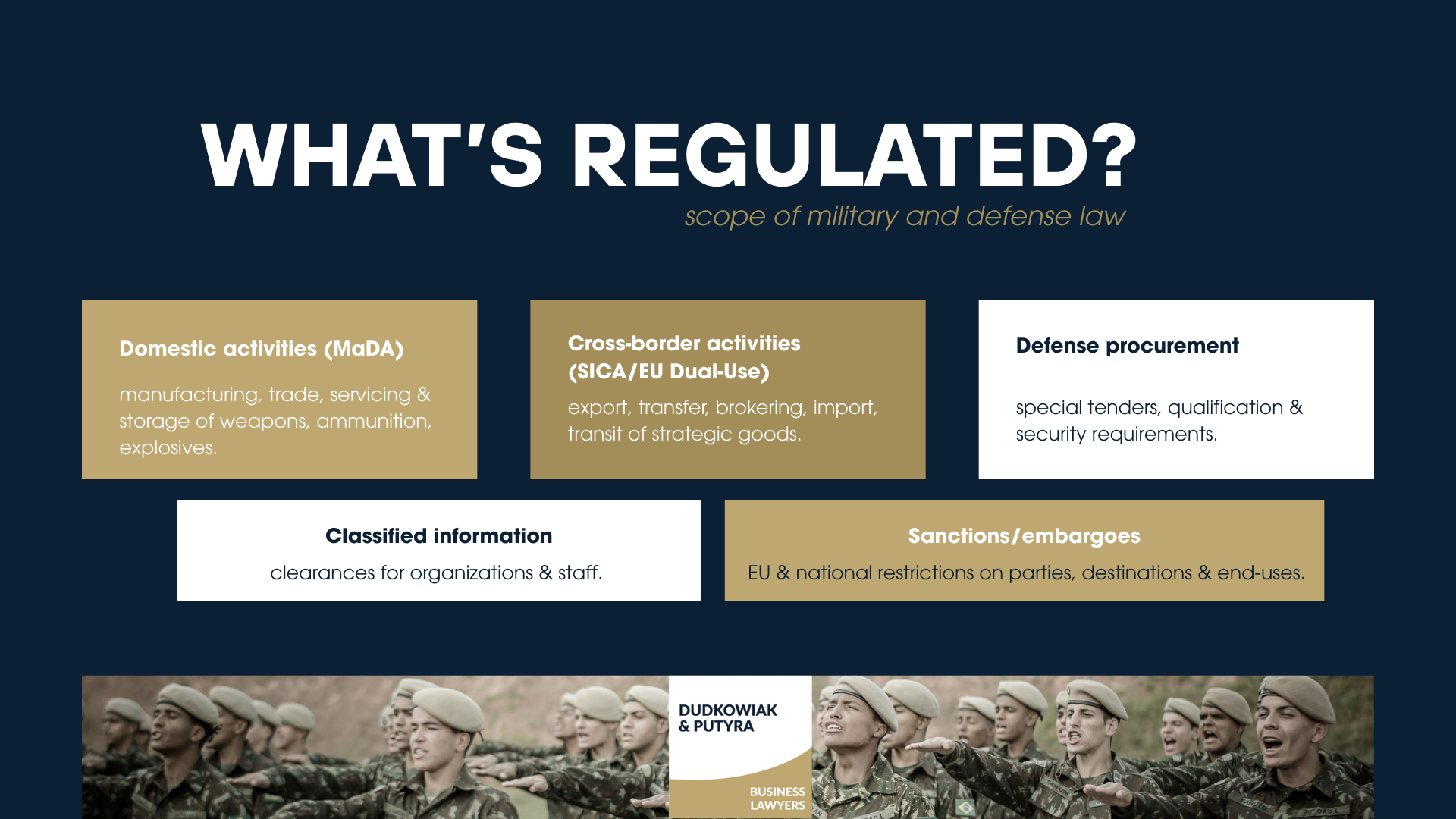 What’s Regulated? Scope of military and defense law - MaDa, SICA/EU Dual‑Use, defense procurment, classified information, sanctions/embargoes