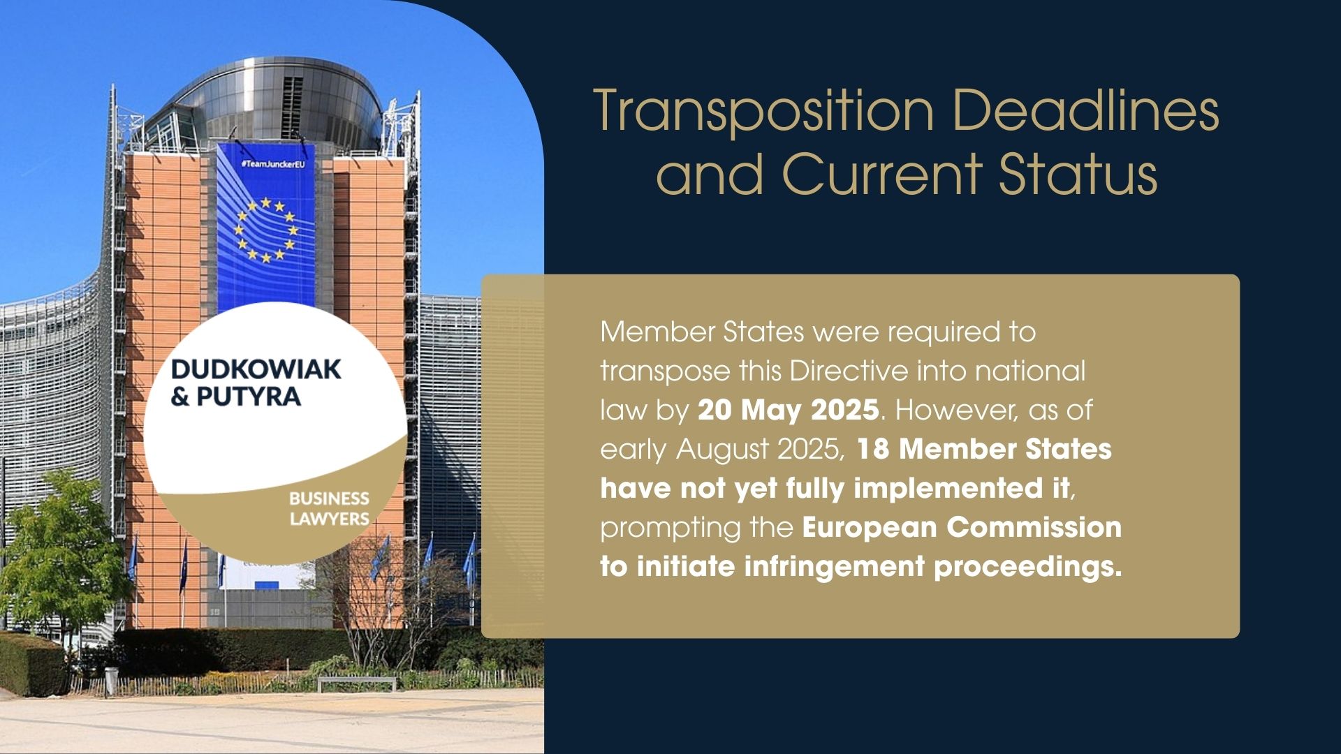 Member States were required to transpose this Directive into national law by 20 May 2025. However, as of early August 2025, 18 Member States have not yet fully implemented it, prompting the European Commission to initiate infringement proceedings. 