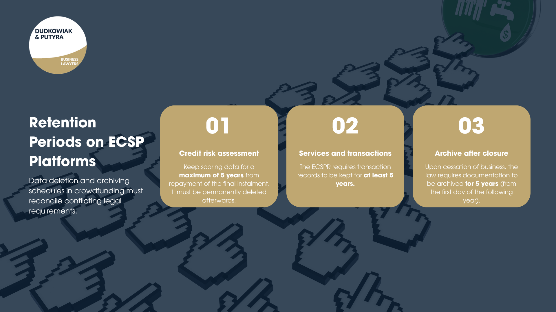Crowdfunding platforms must navigate conflicting retention timelines by balancing a strict five-year maximum for scoring data against a five-year minimum for transaction records. To ensure compliance, platforms must implement precise deletion schedules that physically separate credit assessments from general business and AML archives.