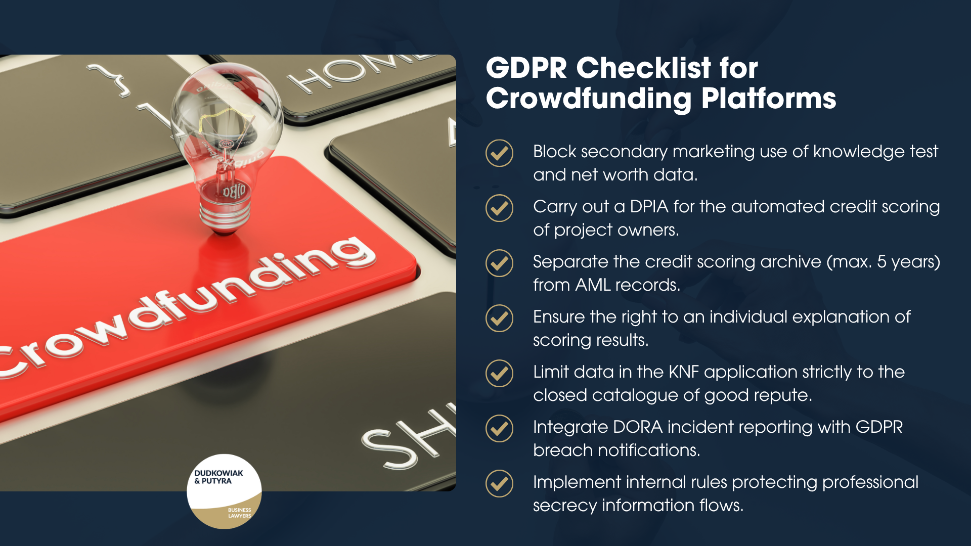 Achieving GDPR compliance under the ECSPR framework requires executing specific operational tasks, such as conducting a DPIA for automated scoring, separating AML and credit archives, and integrating DORA incident reporting. Crucially, platforms must enforce strict purpose limitation, ensuring that mandatory investor knowledge tests are never repurposed for marketing segmentation.