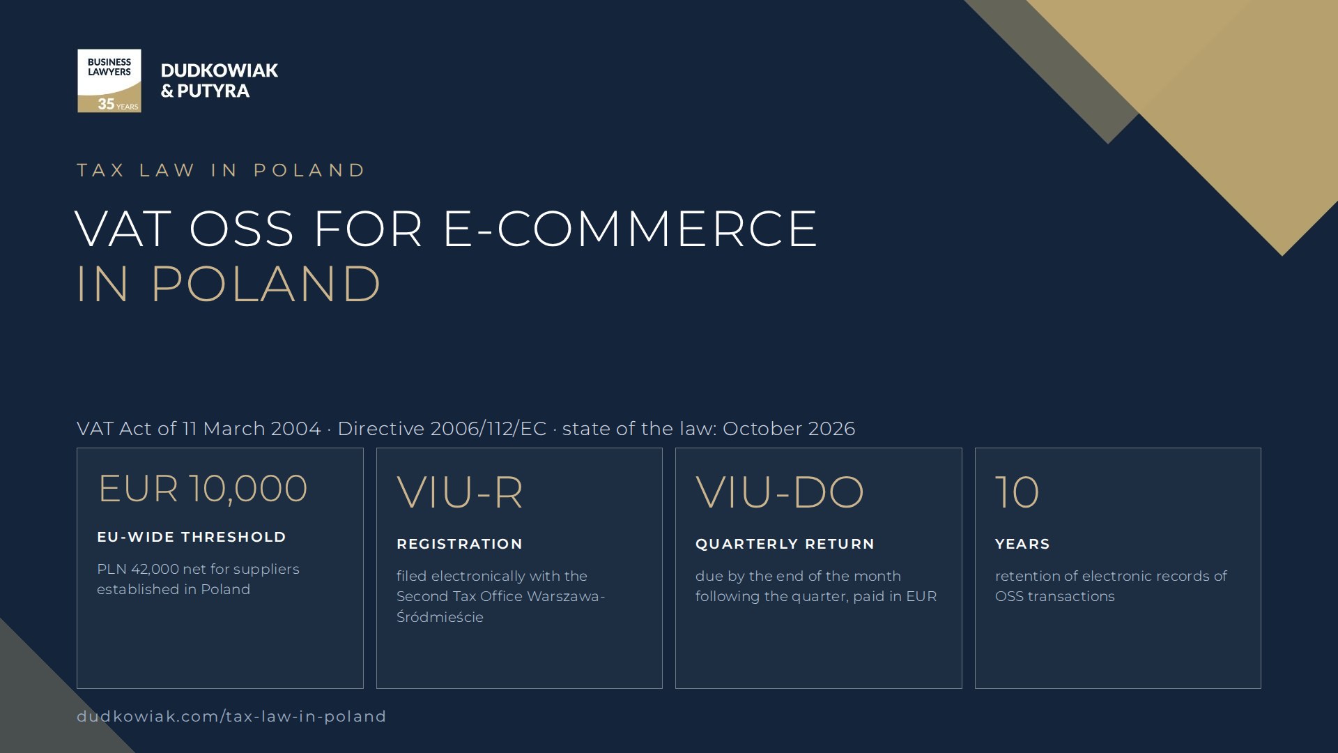 VAT OSS for e-commerce in Poland – EUR 10,000 (PLN 42,000) threshold, VIU-R registration, quarterly VIU-DO return in EUR and 10-year record retention, guide 2026