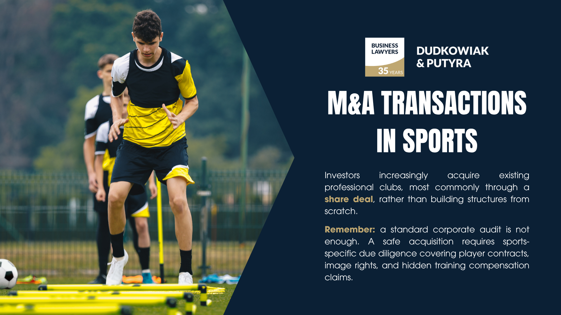 Investors frequently bypass building clubs from scratch by acquiring existing professional sports organizations through share deals. To ensure a safe acquisition, a standard corporate audit must be supplemented with specialized due diligence that uncovers unique risks like player contracts, image rights, and hidden training compensation claims. 