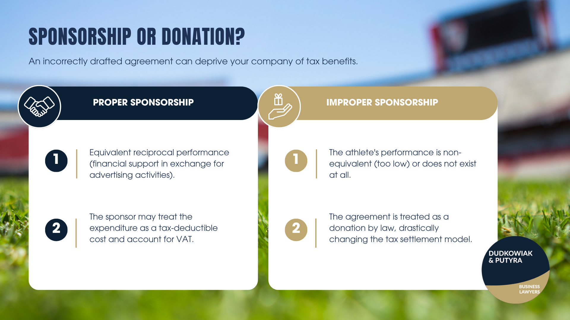 A proper sponsorship agreement requires equivalent reciprocal performance—financial support exchanged for advertising—allowing the sponsor to claim the expenditure as a tax-deductible cost. If the athlete's promotional performance is non-existent or disproportionately low, the law classifies the contract as a donation, severely altering the tax settlement model and depriving the company of benefits. 